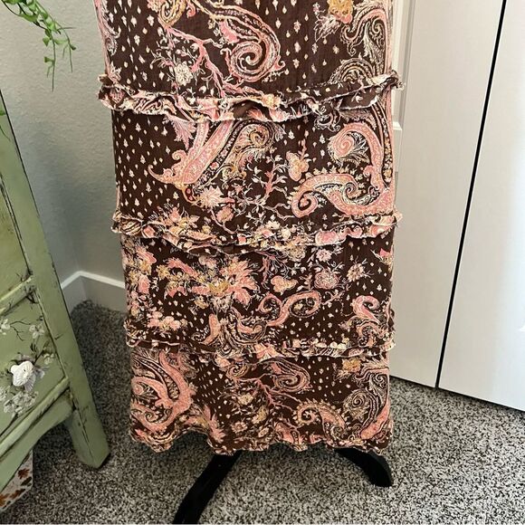 Anthropologie Tapemeasure 100%Linen Brown Pink Floral Paisley Ruffle Maxi Skirt - Picture 3 of 15